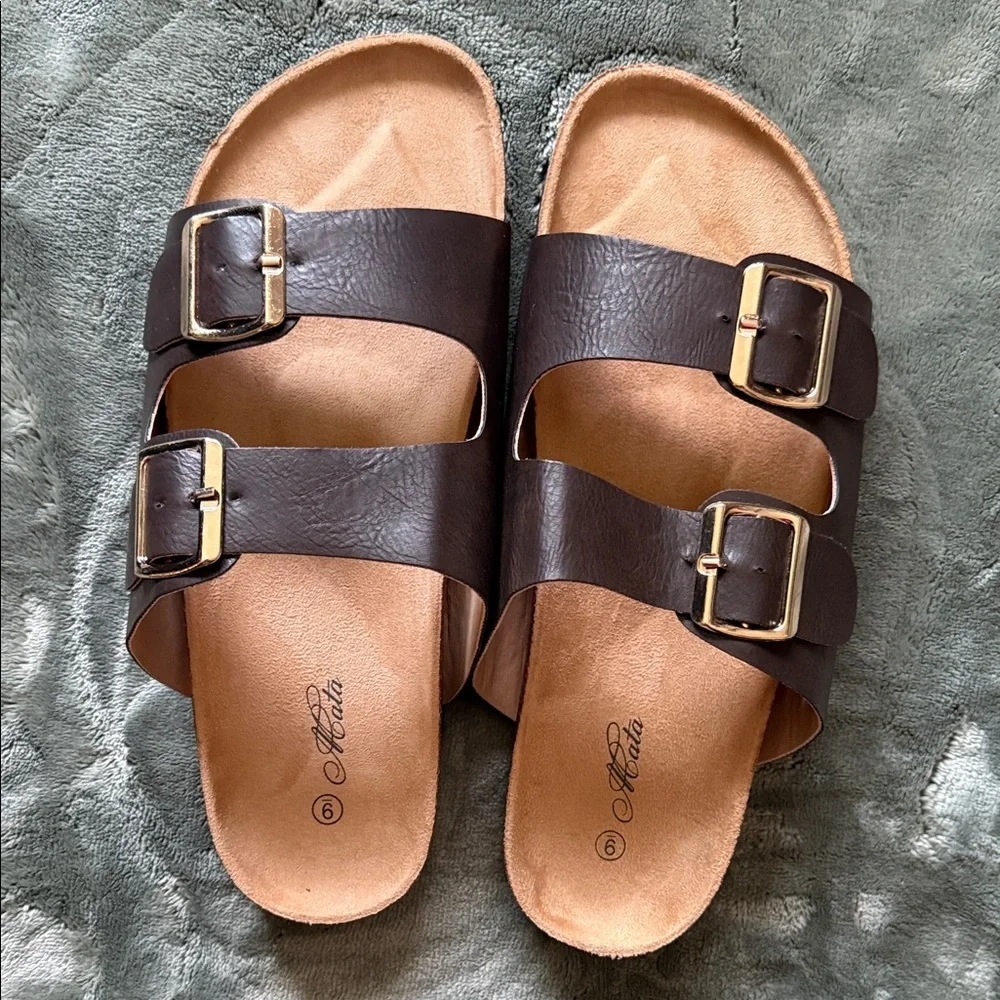 Mata Shoes Brown Double Buckle Slide Sandals